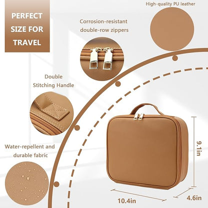 Travel Makeup Bag for Makeup Artists Large Makeup Case,with Mirror 3 Color Setting and Detachable 10x Magnifying Mirror Travel Makeup Bag,Portable Storage and Adjustable Dividers（brown）