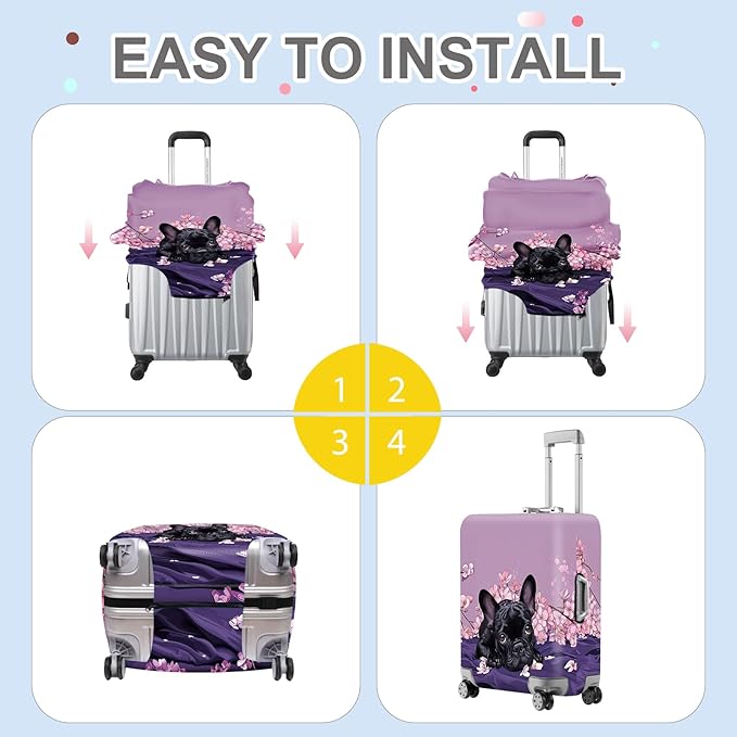 ANNA QUEEN French Bulldog Luggage Cover, Cute Black Dog with Pink Flowers Suitcase Protector, Stretchable Washable Travel Sleeve for 20-22 Inch Luggage