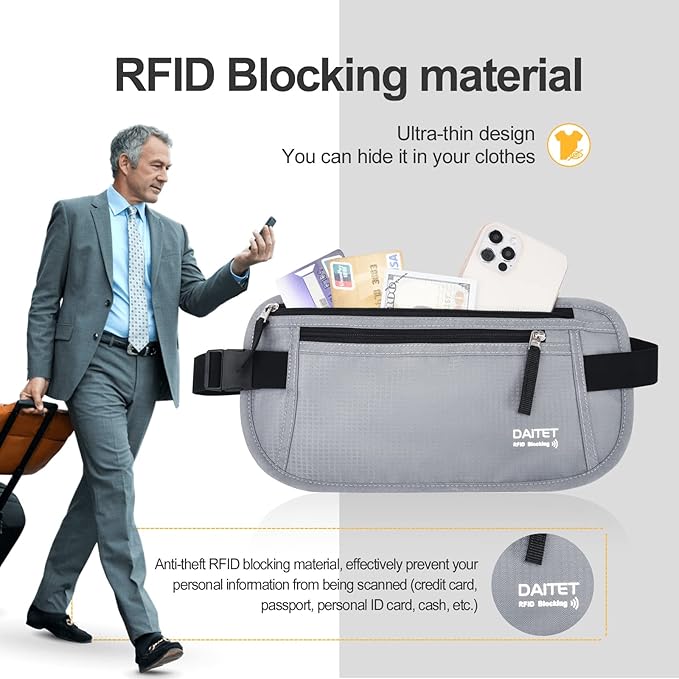 RFID Blocking Money Belt for Men Women, Slim Fanny Pack for Travel，Running,Conceal Waist Wallet for Passport Holder,Phone,Cash(Light Grey)