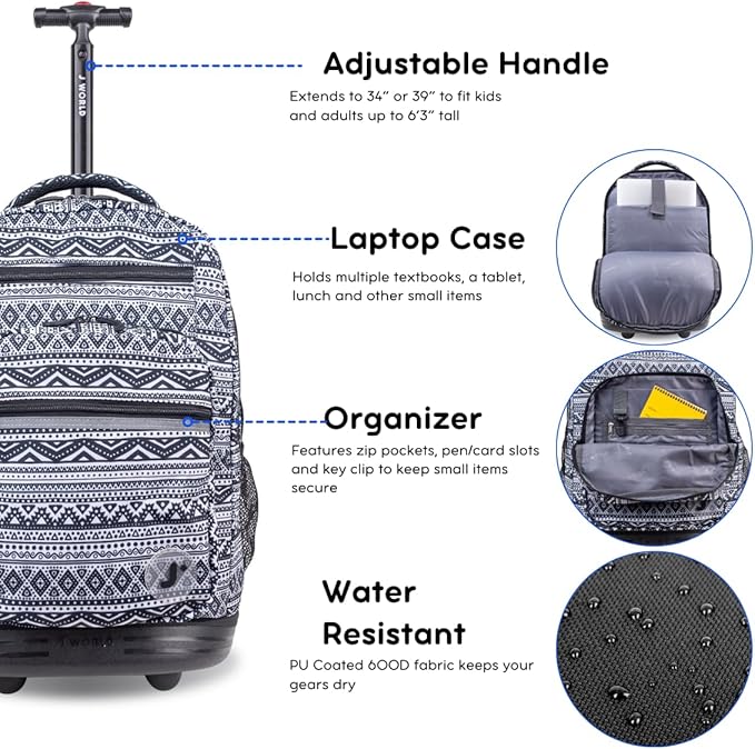 J World New York Sundance Rolling Backpack Girl Boy Roller Bookbag, Tribal, One Size