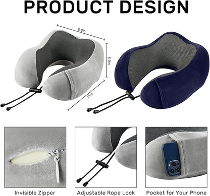 Travel Pillow for Airplane-2 Pack Memory Foam Neck Pillows, Soft Support Travel Essentials for Travelling, Sleeping Rest, Car, Train and Home Use(Grey&Blue)