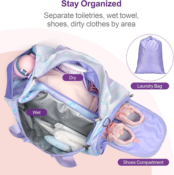 Bagseri Duffel Bags for Kids - Girls Dance Ballet Bag Waterproof Sports Gymnastics Bag for Girls Kids Sleepover Duffel Bag with Shoe Compartment and Dry Wet Separation Pockets (Tie-dye, Purple)