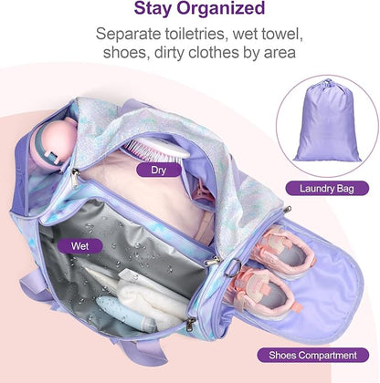 Bagseri Duffel Bags for Kids - Girls Dance Ballet Bag Waterproof Sports Gymnastics Bag for Girls Kids Sleepover Duffel Bag with Shoe Compartment and Dry Wet Separation Pockets (Tie-dye, Purple)