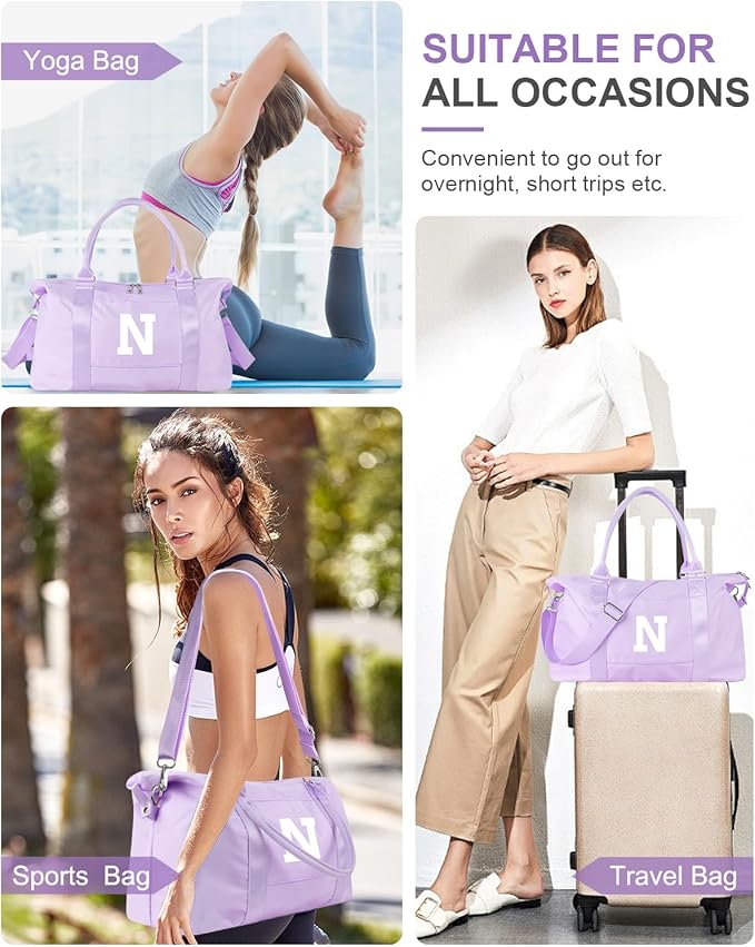 Daughter Niece Gifts for Teen Girl Kids, Initial Travel Duffel Bag Sports Gym Bag Personalized Gifts Weekender Bag，Monogram Overnight Bag Cute Dance Bag Birthday Bridesmaid Gifts for Women(Purple, N)