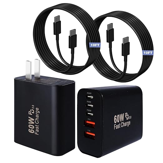 60W iPhone 17 16 15 Pro Charger Fast Charging Block,2Pack 5Port USB C Phon Charger Power Adapter,Multiport Type C Chargers 10FT Long USB C Cable for iPhone 17 Pro/17 ProMax/17 Air/16 ProMax/16e/15 Pro