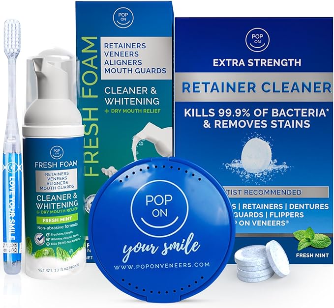Retainer Cleaning Bundle by Pop On - 30 Retainer Cleaner Tablets, 1 Aligner Cleaner Fresh Foam, 1 Soft Bristle Toothbrush, 1 Mirror Case for Mouth Guards, Night Guards, Invisalign, Veneers, Dentures
