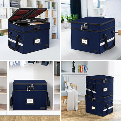 ETRONIK Fireproof Document Box with Lock, 2-Layer File Box Storage Organizer with 5 Tabs& Insert, Portable File Cabinet Storage Box with Handle for Hanging Letter,Legal Size Folder,Certificate, Blue