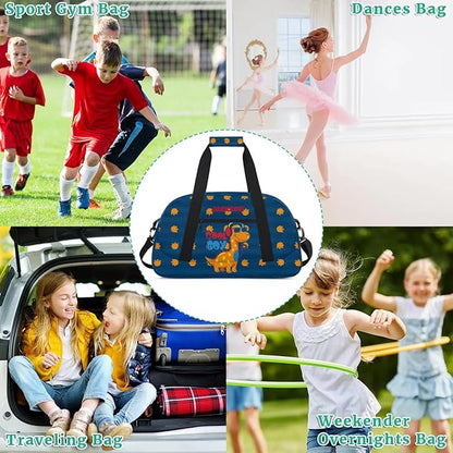 Personalized Duffel Bag for Kids Girls Boys, Cute Dinosaur Custom Name Gym Bag Overnight with Padded Handles Carry On Weekend Sports Travel Bag for School Practice Gymnastics Ballet