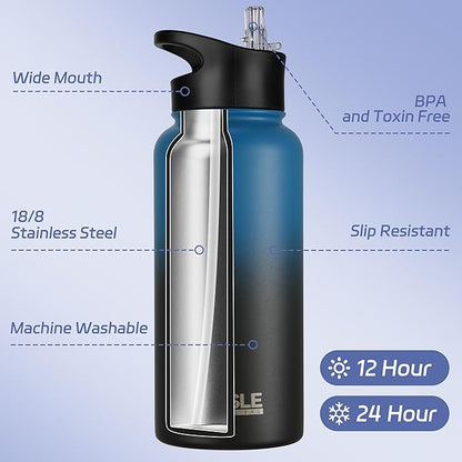 HASLE OUTFITTERS 32 oz Insulated Water Bottle Stainless Steel Double Walled Vacuum Sports Water Bottle with 2 Lids (Straw and Spout Lid) for Gym Camping Hiking(Blue Black Gradient,1)