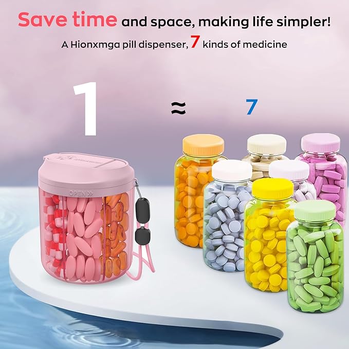Pill Dispenser with 7 Large Compartments, 4.4" H x 3.6" Dia Pill Organizer for Travel, Supplement Organizer with Anti-Mixing Design, BPA-Free Pill Container with 20 Pcs Labels, Black+ Pink