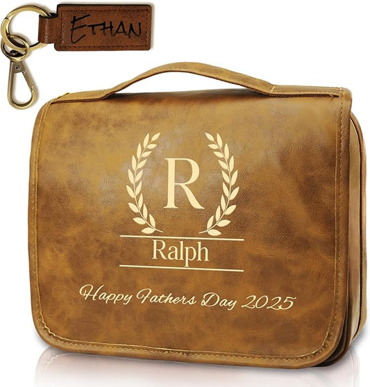2025 Personalized Custom Christmas Gifts for Men, Large Hanging Toiletry Bag Leather Shaving Toiletries Bags for Him, Waterproof Travel Bag, Gift for Anniversary, Dad, Grandpa, Husband, Lover
