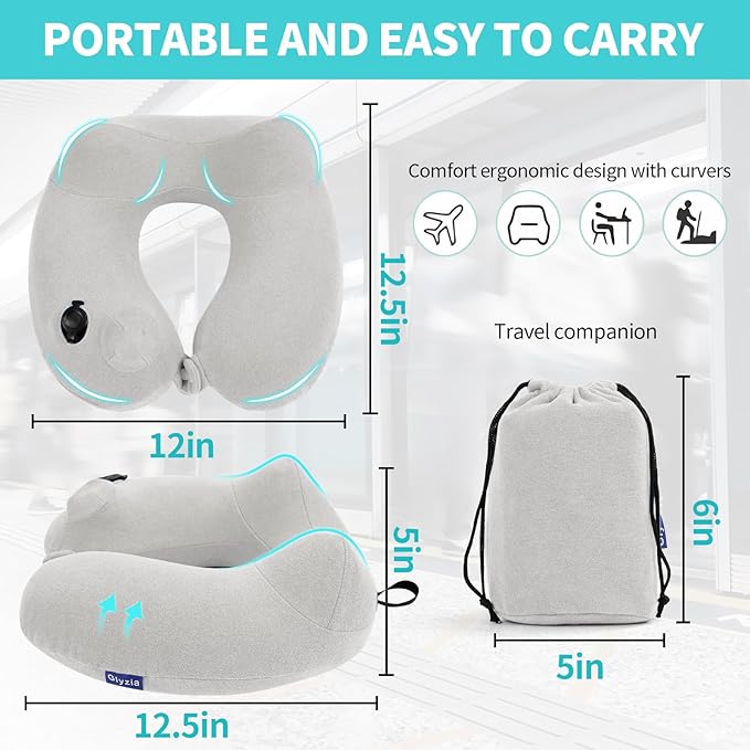 2 Pack Inflatable Travel Neck Pillows for Airplanes, Head Support Velvet Adult Neck Pillows for Long Flight, Kit with Eye Mask, Earplugs and Storage Bag, 2, Light Gray