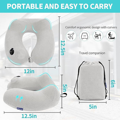 2 Pack Inflatable Travel Neck Pillows for Airplanes, Head Support Velvet Adult Neck Pillows for Long Flight, Kit with Eye Mask, Earplugs and Storage Bag, 2, Light Gray