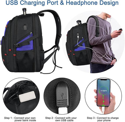 Z-MGKISS Extra Large Backpack, Travel Laptop Bag for Men, Anti-Theft College Backpack with USB Port, TSA-Approved 17.3 Inch, Heavy Duty Business Weekender Bag, Blue