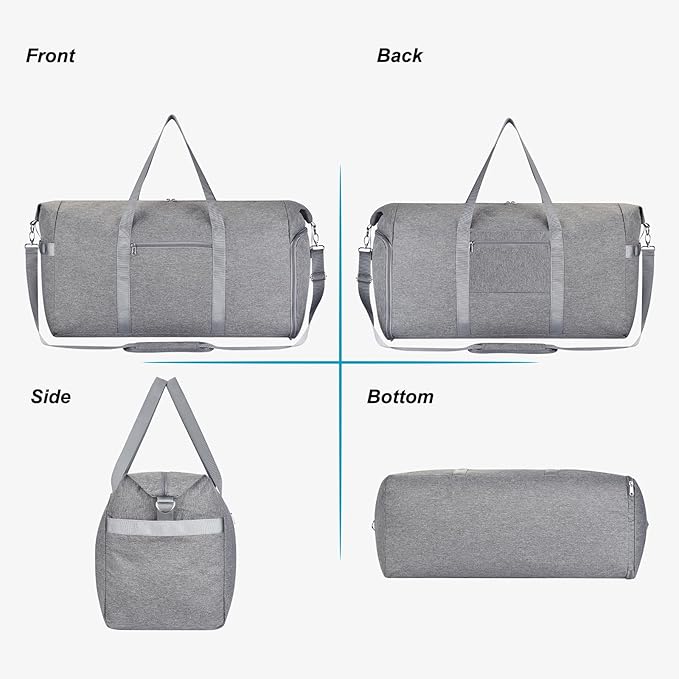Felipe Varela 65L Duffle Bag with Shoes Compartment, Foldable Carry on Bag Travel Duffel Bags Overnight weekender Gym Bag with Wet Pocket for Women Men(Grey)