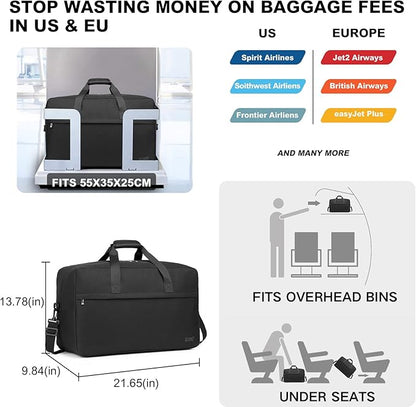 Kono Travel Duffel Bag 48L Large Carry-on Bag Sports Tote Gym Bag Weekender Overnight Bags for Men Women 21.65"x13.78"x9.84" Black