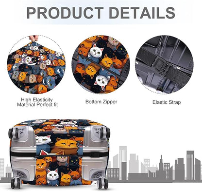ANNA QUEEN Colorful Cat Luggage Cover, Fun Cat Design with Multiple Cats, Stretchable, Washable Travel Sleeve for 28-30 Inch Luggage