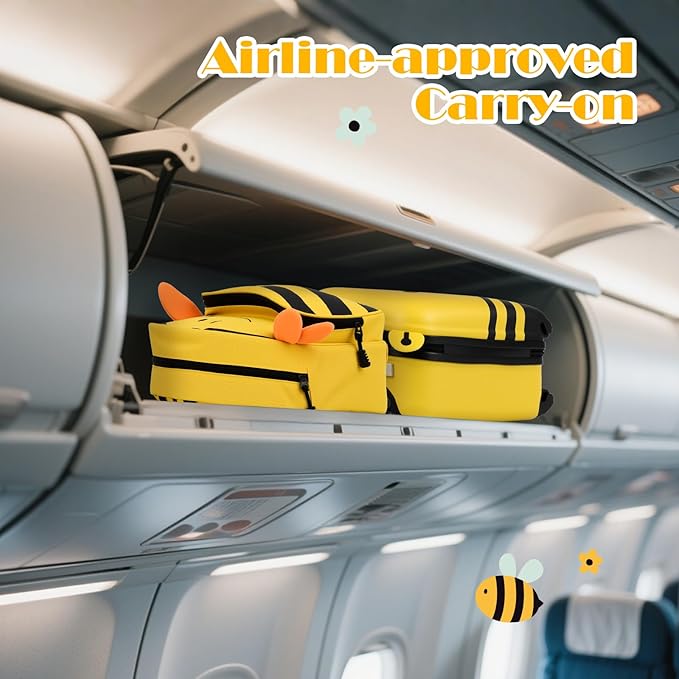 HONEY JOY Kids Luggage, 12” Children Hardshell Backpack & 16” Toddler Travel Rolling Suitcase, 2 Pcs Lightweight Carry On Luggage Set, Kids Luggage with Wheels for Girls & Boys(Yellow Bee)