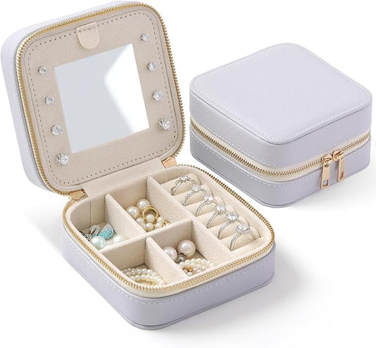 Genuine Leather Travel Jewelry Organizer Case with Mirror for Women, Small Mini Portable Jewelry Box for Ring Earrings Necklace Bracelet Luxury Gift for Women（Lilac）