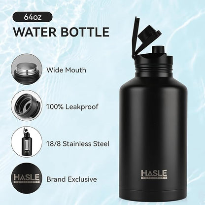 HASLE OUTFITTERS Half Gallon Insulated Water Bottles 64 oz, Stainless Steel Metal Water Jug with 2 Lids Keep Cold 48h/Hot 24h, Leak Proof & BPA-Free Water Flask Jug(Black,1)