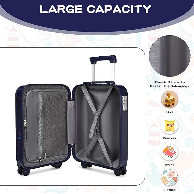 Somago 4 Piece Kid's Luggage with Backpack Set for Boys Girls Spinner 18" Hardside PC Rolling Carry on Suitcase with TSA Lock (Seashell Navy)