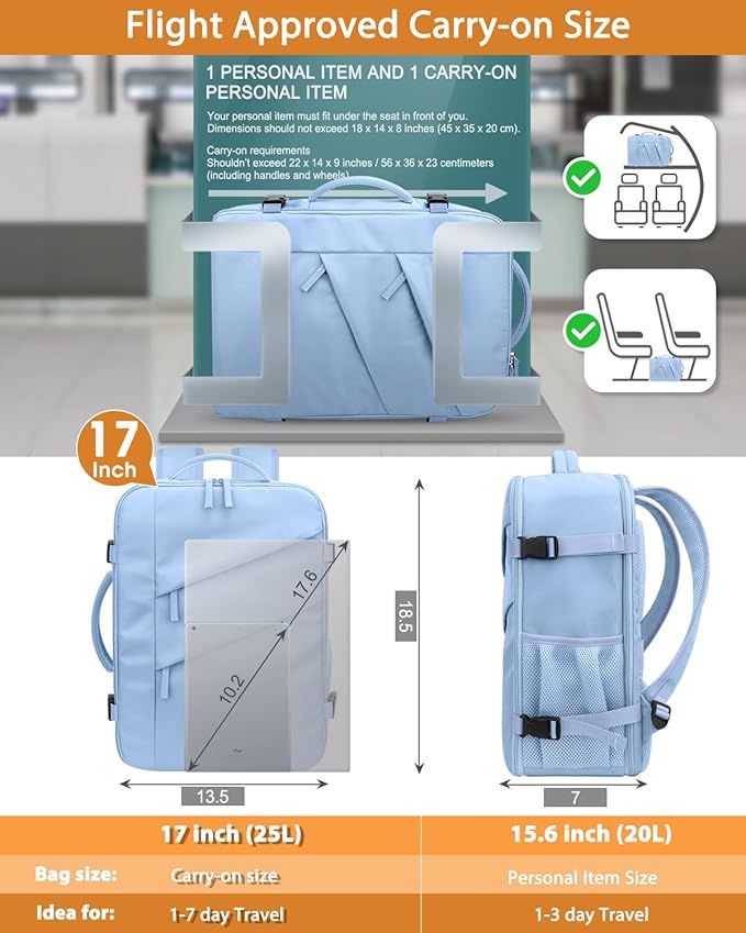 Capolo Travel Backpack for Women Men Waterproof Laptop Backpack Flight Approved Carry On Backpack Overnight Weekender Bag College Bookbag for Business, Work, Traveling Fits 17 '' Laptop,Light Blue