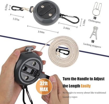 32Ft Portable Travel Clothesline Caudblor Adjustable Camping Clothes Laundry Drying Rope for Hotel Trip, Cruise, Outdoor/Indoor with 10 Windproof Clips, 10 Clothespins, 1 Storage Bag（Black）