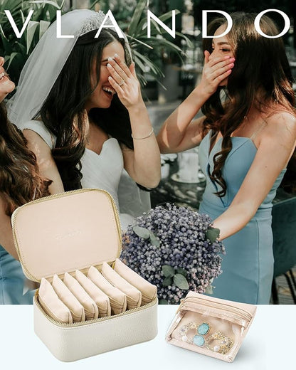 Vlando Travel Jewelry Case with 8 Velvet Jewelry Bags Jewelry Travel Organizer Box for Girls Jewelry Box for Rings Earrings Christmas Anniversary Birthday Gifts for Women (White)