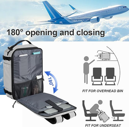 Carry On Travel Backpack with Shoe Compartment Flight Approved Laptop Backpack Expandable Work Business Backpack for Women Men Casual Daypack, Light Gray