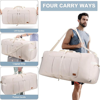 100L Travel Duffle Bag for Men and Women, Urtala 32” Large Duffle Bag for Traveling with Shoe Compartment, Foldable Duffel Bag Water & Tear Resistant (Beige)