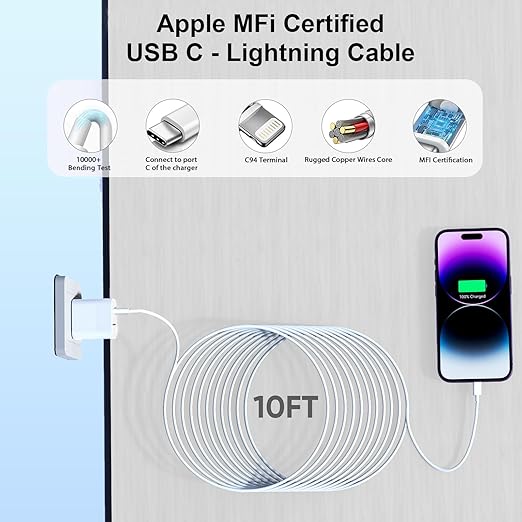 iPhone Charger Fast Charging 10 ft,[Apple MFi Certified]2Packs PD USB C Wall Charger Block 2in1 Adapter Apple Fast Charger 10FT USB C Lightning Cable for iPhone 14 Pro Max/14 Pro/14/13/12/11 Pro Max/X