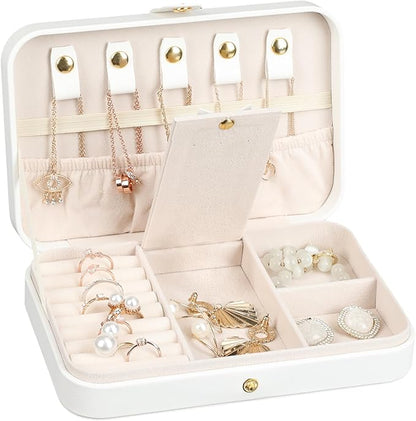 Small Jewelry Box, Travel Jewelry Case Portable Jewelry Boxes for Women, 2-Layer Mini Jewelry Travel Organizer, Gift for Women Girls,White D