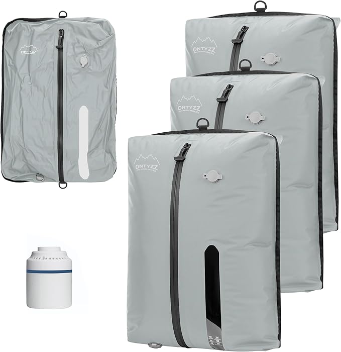 ONTYZZ Three Pack Grey TPU Vacuum Bag for Travel Reusable Compression Bag with IPX8 Waterproof Zipper Durable Space Saver Bag，Large with Air pump