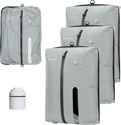 ONTYZZ Three Pack Grey TPU Vacuum Bag for Travel Reusable Compression Bag with IPX8 Waterproof Zipper Durable Space Saver Bag，Large with Air pump