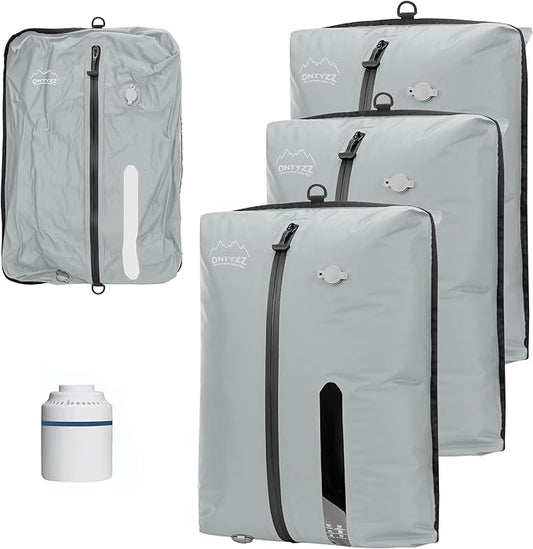 ONTYZZ Three Pack Grey TPU Vacuum Bag for Travel Reusable Compression Bag with IPX8 Waterproof Zipper Durable Space Saver Bag，Large with Air pump