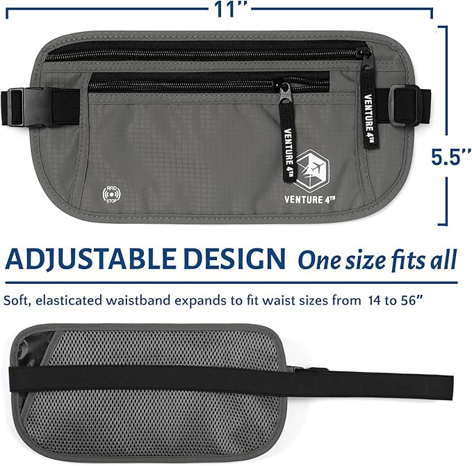 VENTURE 4TH Travel Money Belt - Slim Passport Holder RFID Blocking Travel Pouch to Protect Cash, Credit Cards and Travel Documents (Gray)