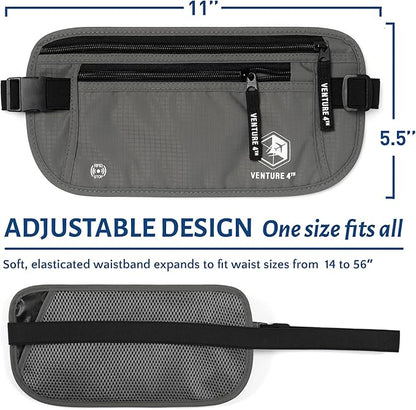 VENTURE 4TH Travel Money Belt - Slim Passport Holder RFID Blocking Travel Pouch to Protect Cash, Credit Cards and Travel Documents (Gray)
