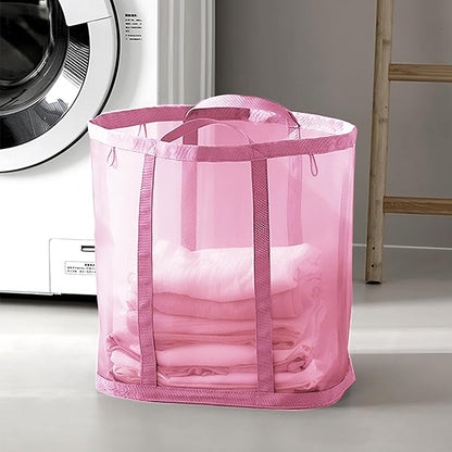 Mesh Bag with Handles, Collapsible Laundry Basket, Foldable Laundry Bag, Breathable Folding Beach Bag,Space-saving Travel Tote Bags (2, Pink)
