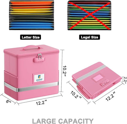 Fireproof File Box with Lock, Document Box Storage Organizer, Suitable for Hanging File Folders in Letter Size, Collapsible File Box, Reflective Strip for Fast Find (12.2"*6"*10.2, Pink)