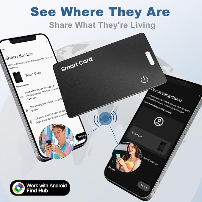 2-Pack Tracker Card for Android - Works with Google Find Hub/My Device Compatible, Ultra-Thin Wireless Charging Bluetooth Locator with Keyring Hole for Keys, Wallets, Pets, Bags & Luggages