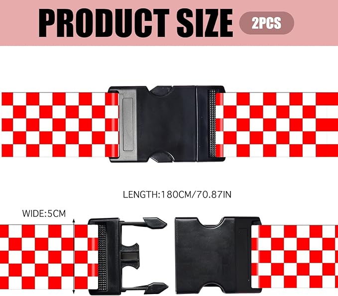 Nuxovilar Luggage Straps of 2 Set Red White Checkered Pattern, 1.96x90.5 inches - Luggage Straps for Suitcases, Suitable for Road Trips, Business Travel, Daily Commute