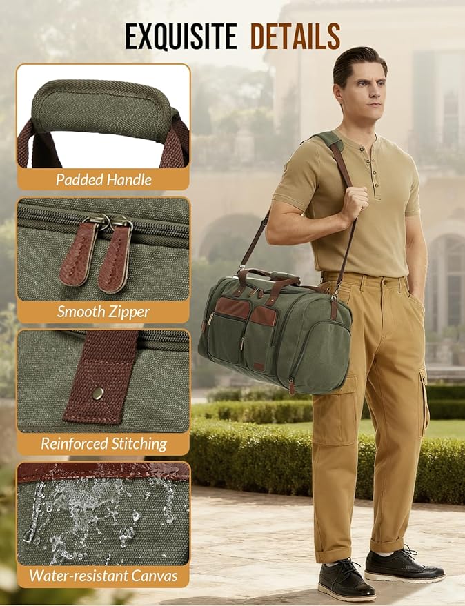 Canvas Duffle Bag for Travel 50L Expandable Travel Duffel Bags for Men Women Overnight Weekend Gym Bag with Shoes Compartment - Army Green