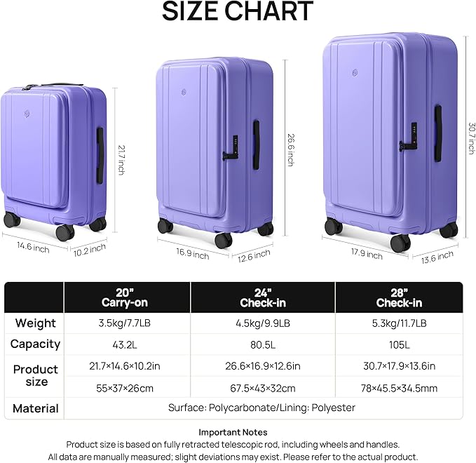 NINETYGO Carry On Luggage 22x14x9 Airline Approved, Top Opening Luggage 20 Inch Suitcase, Expandable, PC Hard Shell, Larger Capacity Carryon, TSA Lock, 360° Spinner Wheels (Purple)