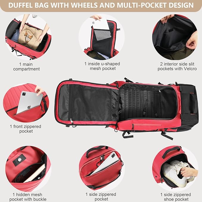 Vomgomfom 86L Collapsible Wheeled Luggage With Removable Backpack Straps,Waterproof Rolling Duffle Bag with Quilted Base,No Telescope Handle,Red