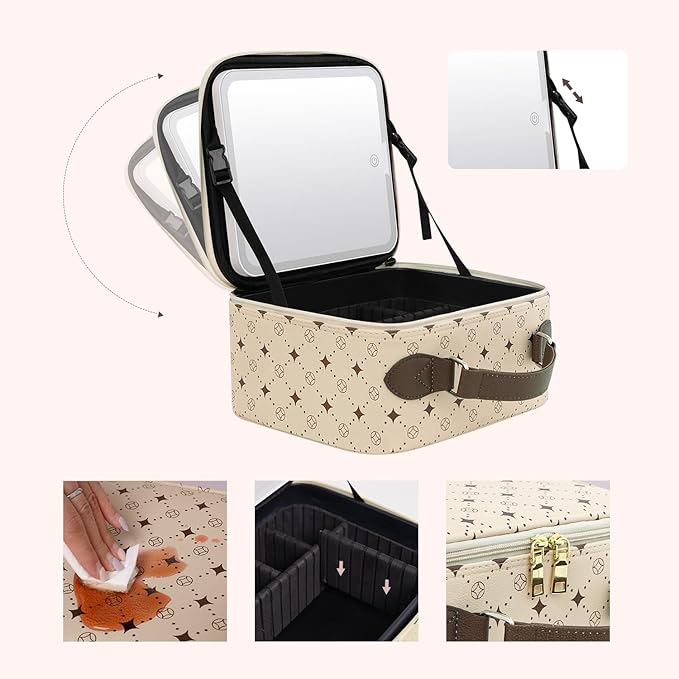 Travel Makeup Bag With 360° rotating LED Mirror,Waterproof cosmetic organizer,Portability Cosmetic case,Makeup organizer,Gift for Women,Girls Gift (Beige + Brown)