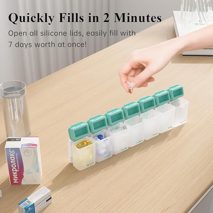Weekly Pill Organizer Magnetic, Removable Pill Box 7 Day 1 Time a Day, Large Pill Case Travel, Week Once Daily Medication Dispenser, Medicine Container Holder for Supplement Vitamin, Cyan