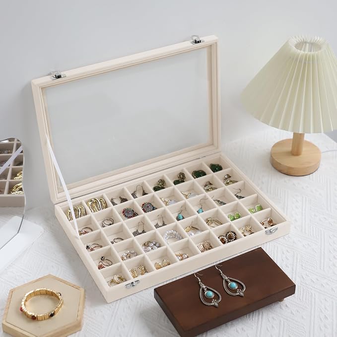 Stratalife Jewelry Organizer 40 Grid Jewelry Trays with Dust-proof Lid Velvet Earring Organizer Ring Holder Accessories Box Necklaces Earrings Storage for Women Drawers Cream
