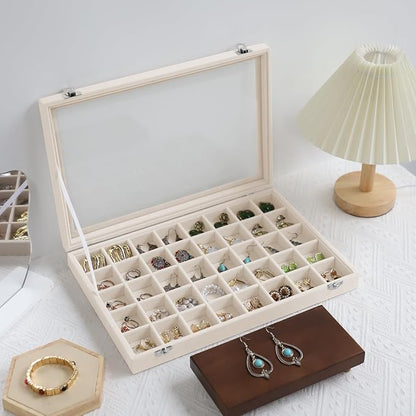 Stratalife Jewelry Organizer 40 Grid Jewelry Trays with Dust-proof Lid Velvet Earring Organizer Ring Holder Accessories Box Necklaces Earrings Storage for Women Drawers Cream