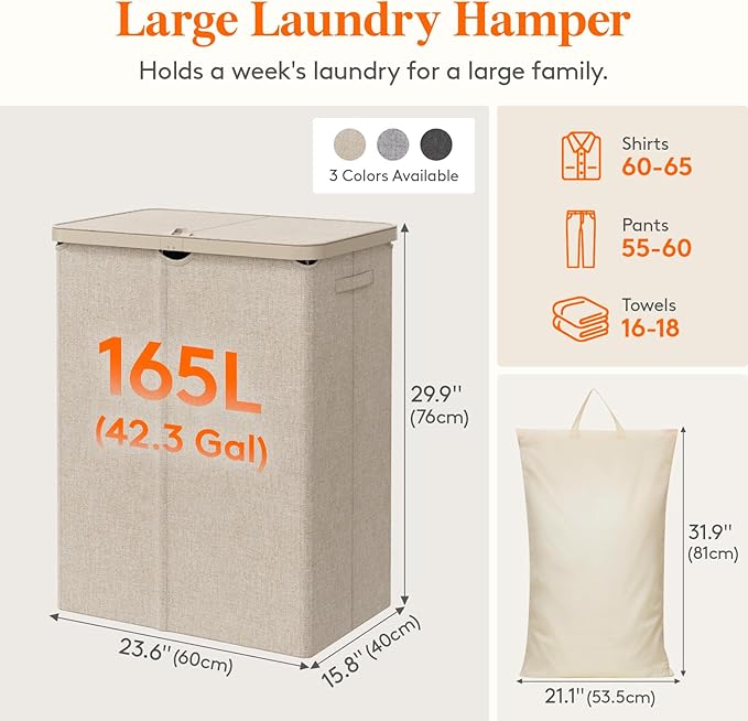 Lifewit 165L Laundry Basket with Lid, Large Laundry Hamper with Plastic Handles and Removable Bag, Foldable Tall Dirty Clothes Hampers for Laundry for Laundry Room, Bedroom, Bathroom, Dorm, Beige