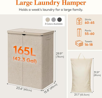 Lifewit 165L Laundry Basket with Lid, Large Laundry Hamper with Plastic Handles and Removable Bag, Foldable Tall Dirty Clothes Hampers for Laundry for Laundry Room, Bedroom, Bathroom, Dorm, Beige